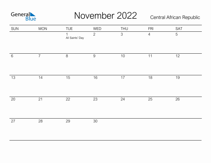 Printable November 2022 Calendar for Central African Republic