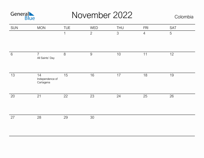 Printable November 2022 Calendar for Colombia