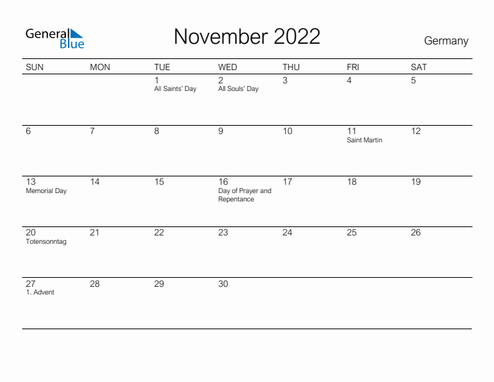 Printable November 2022 Calendar for Germany
