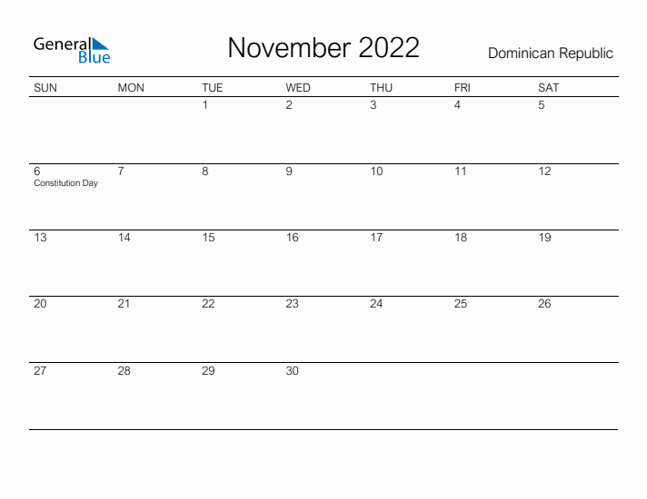 Printable November 2022 Calendar for Dominican Republic