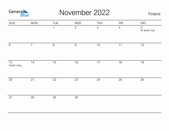 Printable November 2022 Calendar for Finland