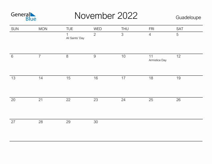 Printable November 2022 Calendar for Guadeloupe