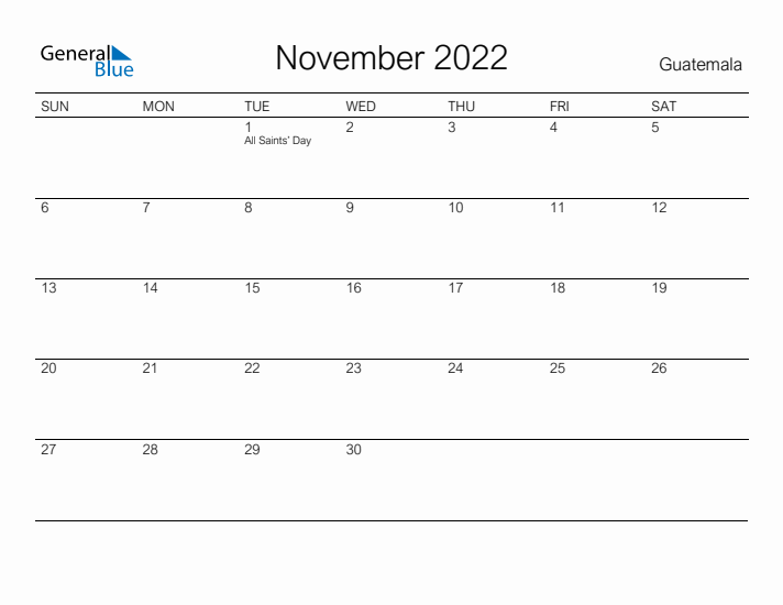 Printable November 2022 Calendar for Guatemala