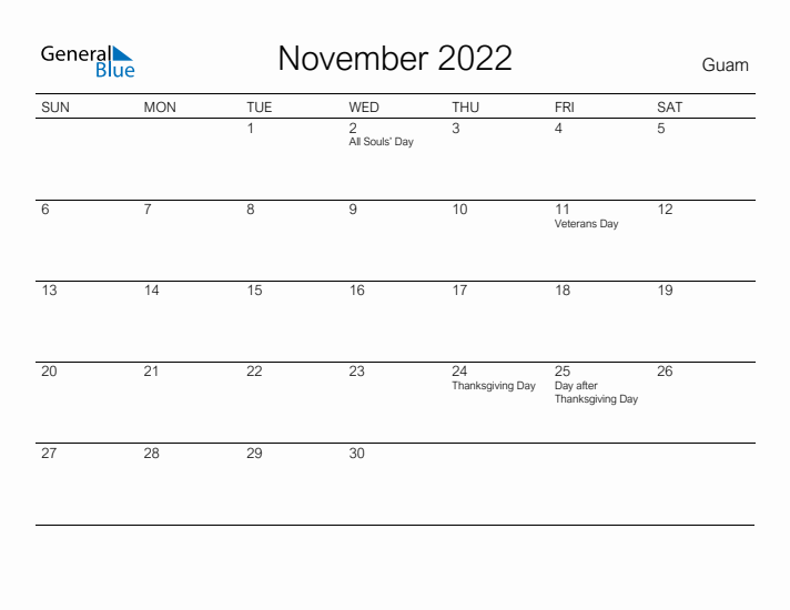 Printable November 2022 Calendar for Guam