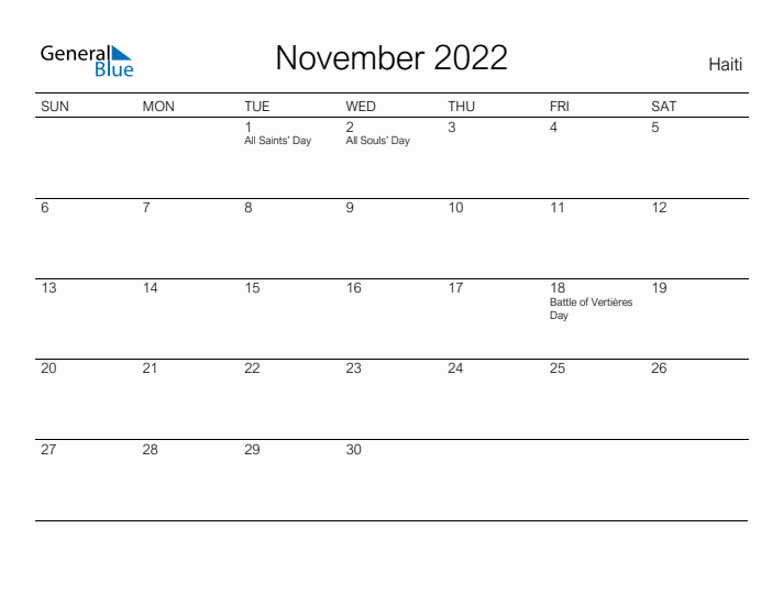 Printable November 2022 Calendar for Haiti