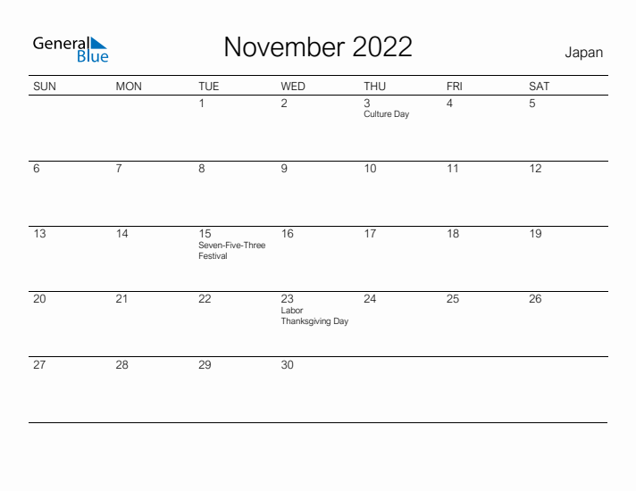 Printable November 2022 Calendar for Japan