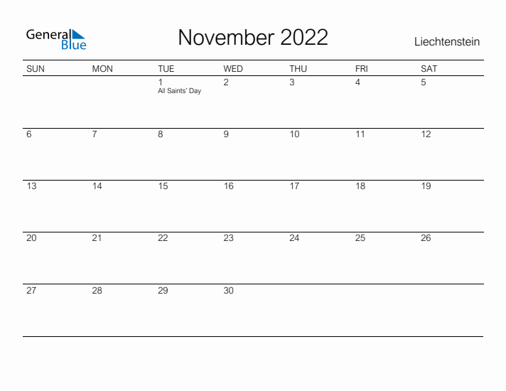 Printable November 2022 Calendar for Liechtenstein