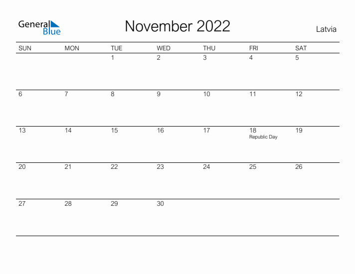 Printable November 2022 Calendar for Latvia