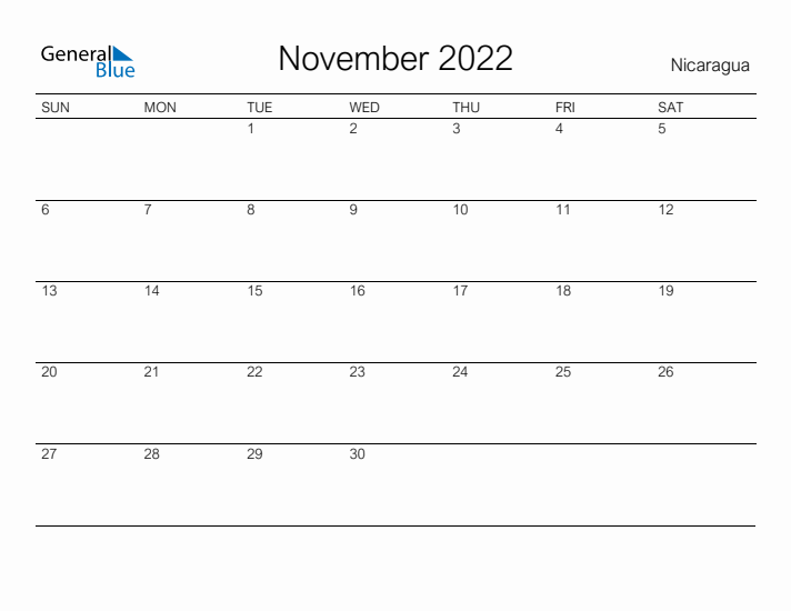 Printable November 2022 Calendar for Nicaragua