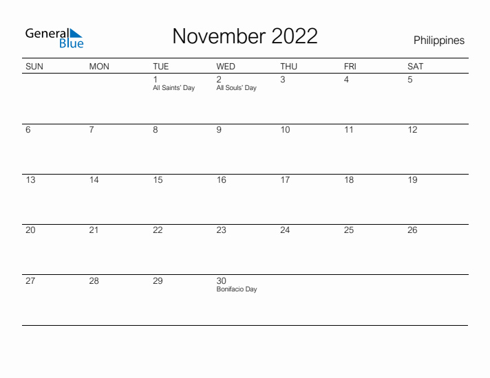 Printable November 2022 Calendar for Philippines
