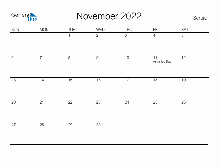 Printable November 2022 Calendar for Serbia