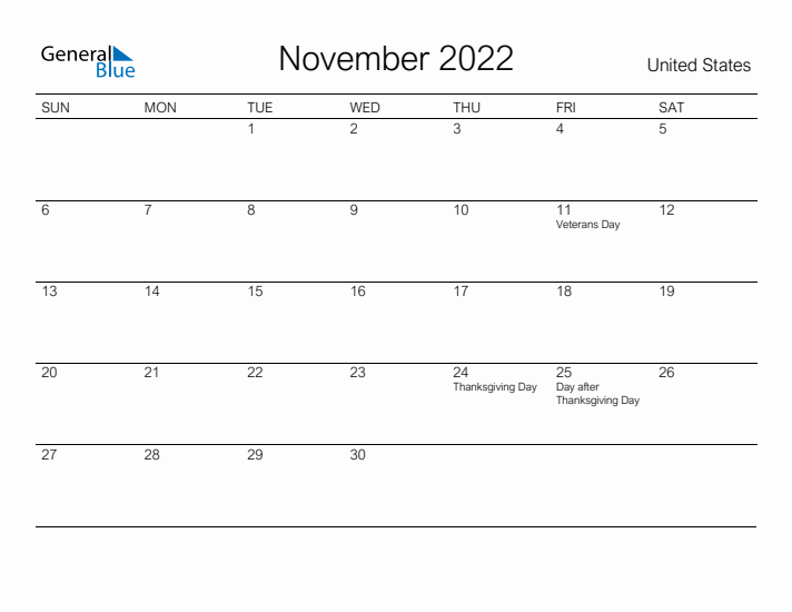 Printable November 2022 Calendar for United States