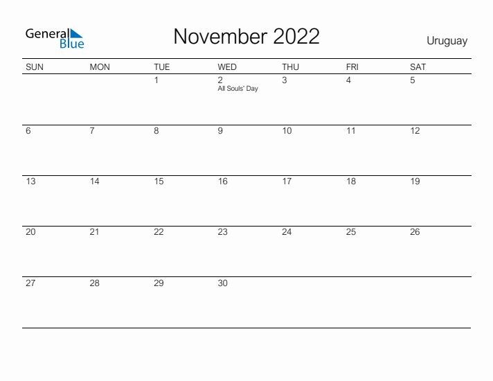 Printable November 2022 Calendar for Uruguay