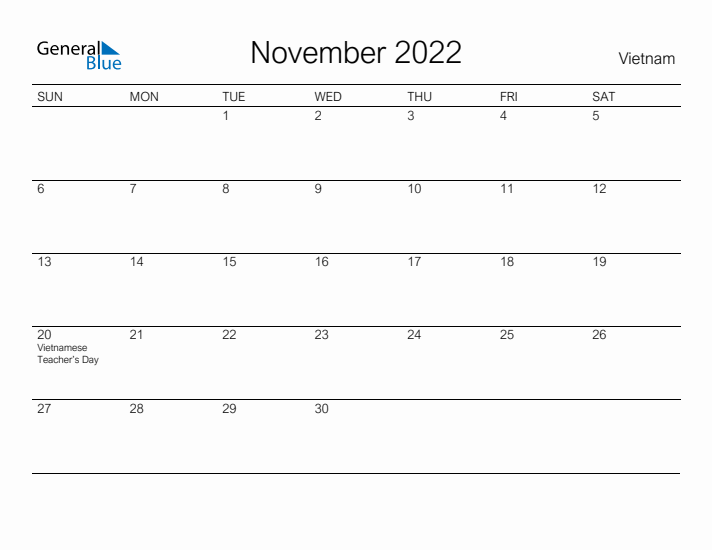 Printable November 2022 Calendar for Vietnam