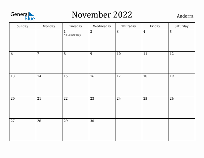 November 2022 Calendar Andorra