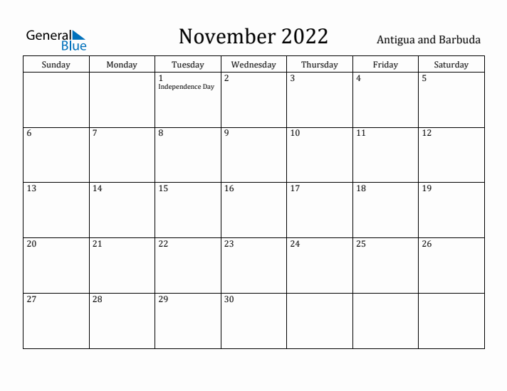 November 2022 Calendar Antigua and Barbuda
