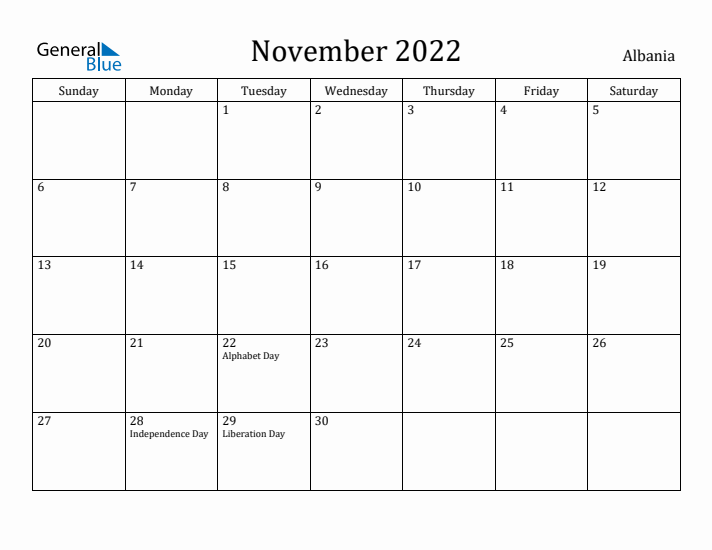 November 2022 Calendar Albania