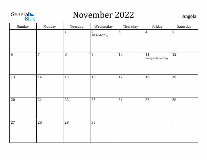 November 2022 Calendar Angola