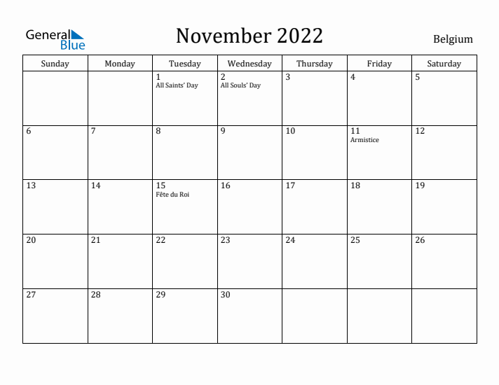 November 2022 Calendar Belgium