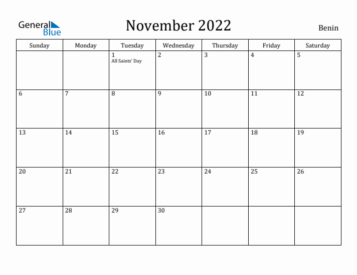 November 2022 Calendar Benin