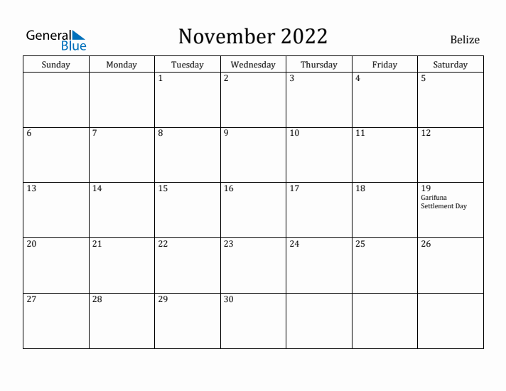 November 2022 Calendar Belize