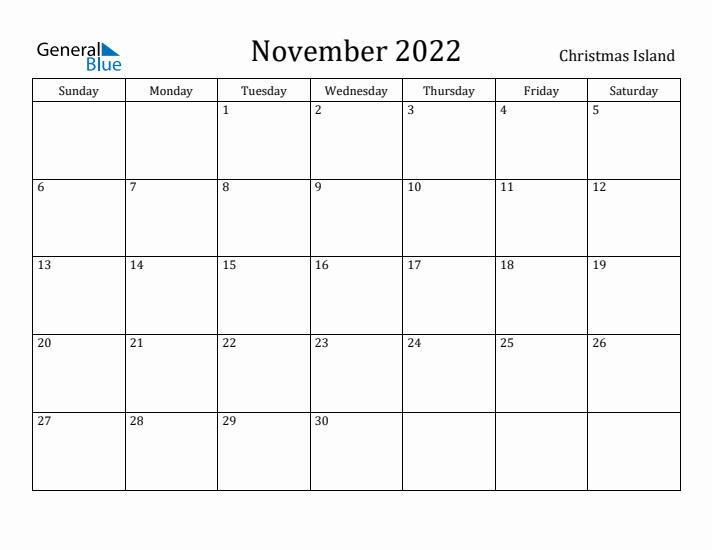 November 2022 Calendar Christmas Island