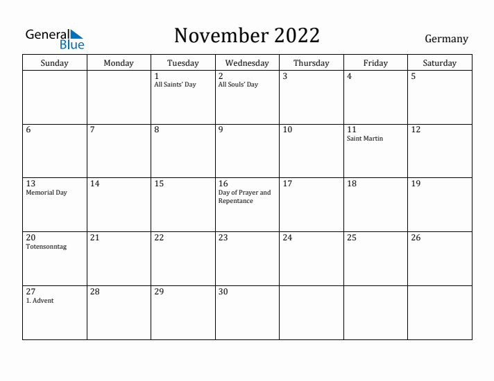 November 2022 Calendar Germany