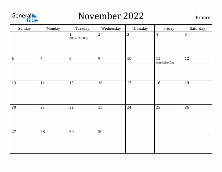 November 2022 Calendar France