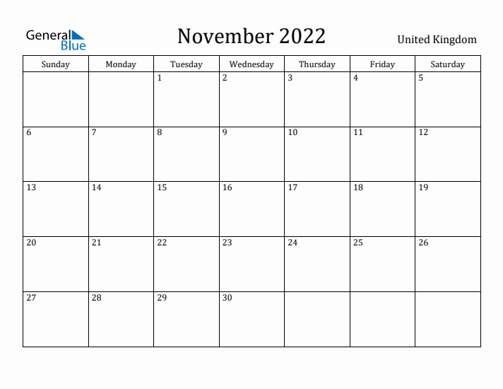 November 2022 Calendar United Kingdom
