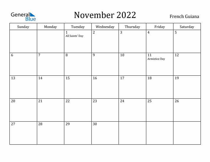 November 2022 Calendar French Guiana