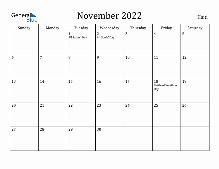 November 2022 Calendar Haiti