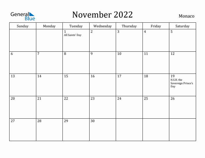 November 2022 Calendar Monaco