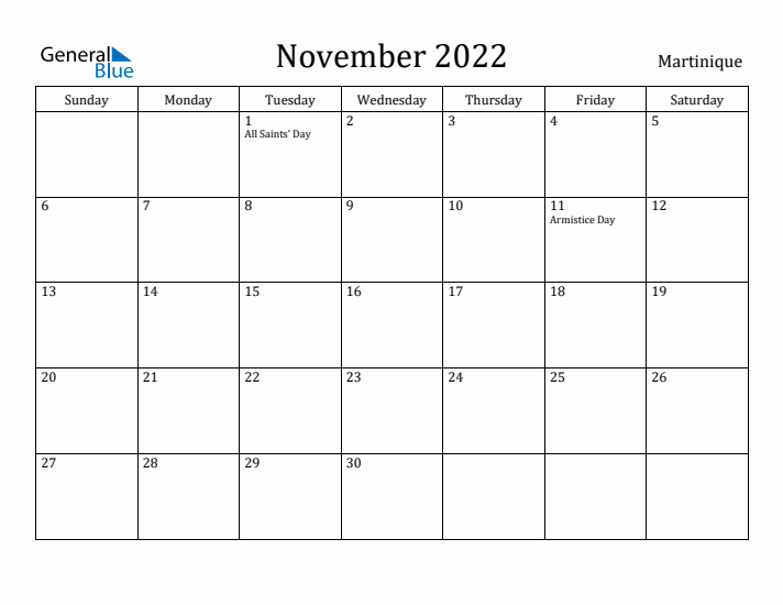 November 2022 Calendar Martinique