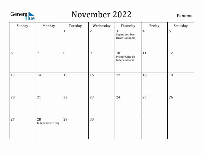 November 2022 Calendar Panama