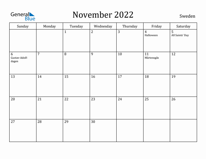 November 2022 Calendar Sweden