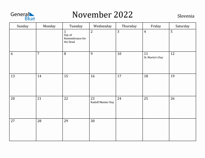 November 2022 Calendar Slovenia