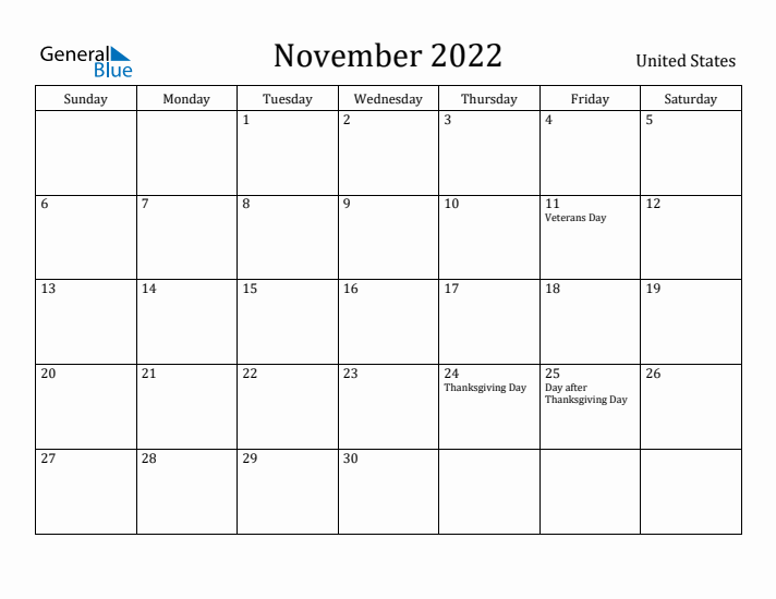 November 2022 Calendar United States