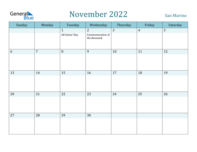 November 2022 Calendar with Holidays in PDF, Word, and Excel