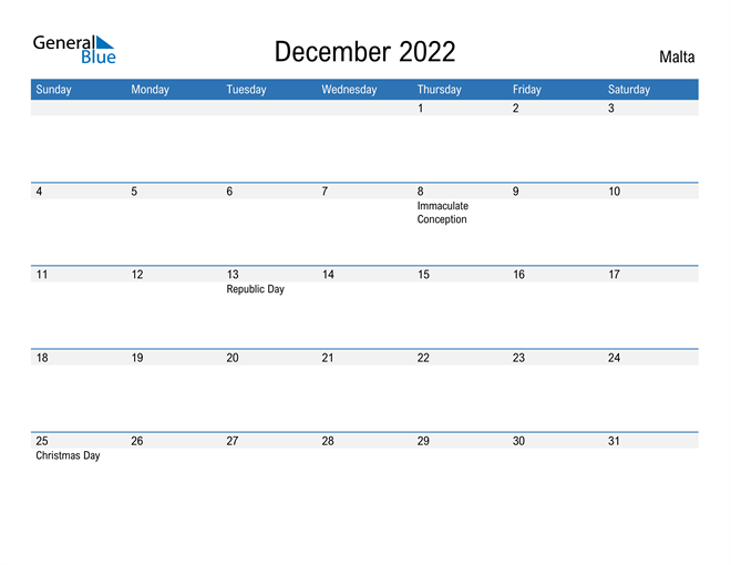 Malta December 2022 Calendar with Holidays