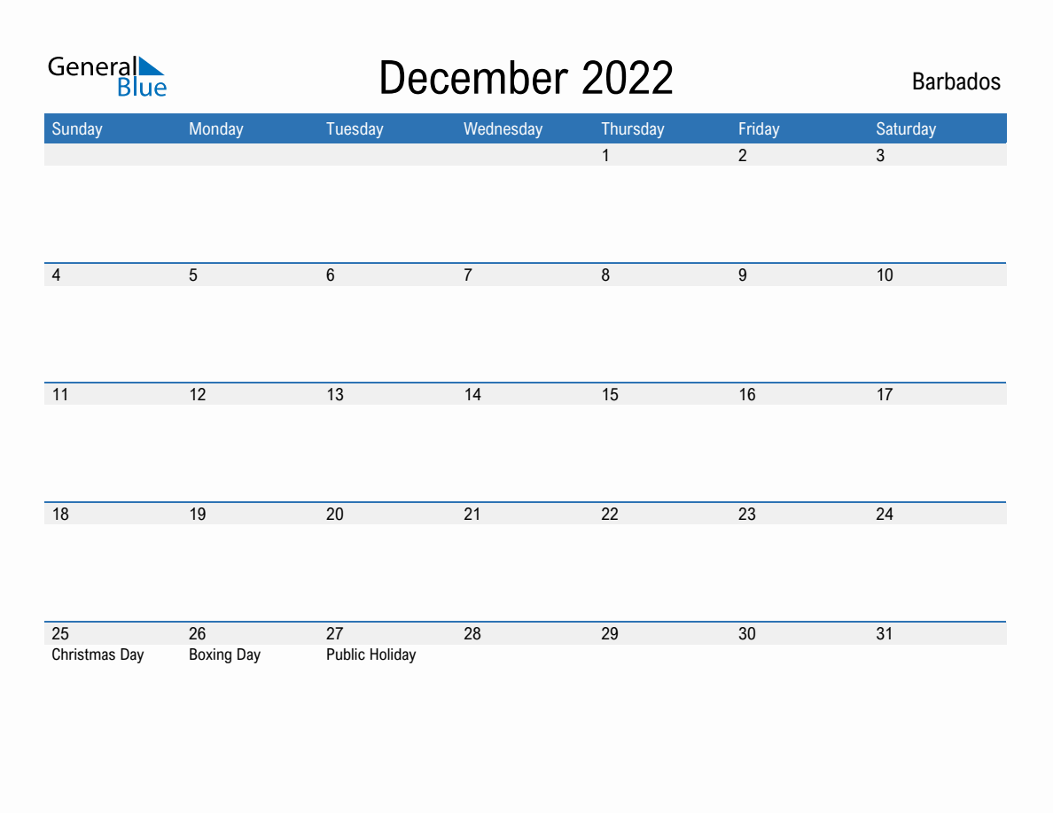 December 2022 Monthly Calendar with Barbados Holidays