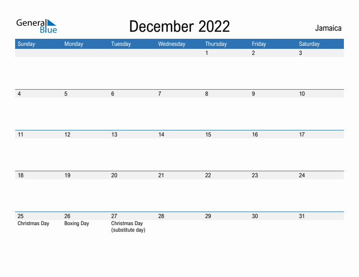 December 2022 Monthly Calendar with Jamaica Holidays