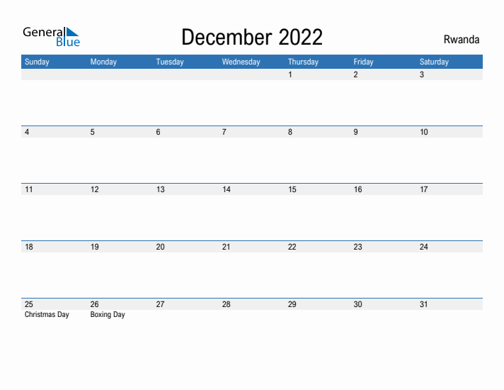 December 2022 Monthly Calendar with Rwanda Holidays