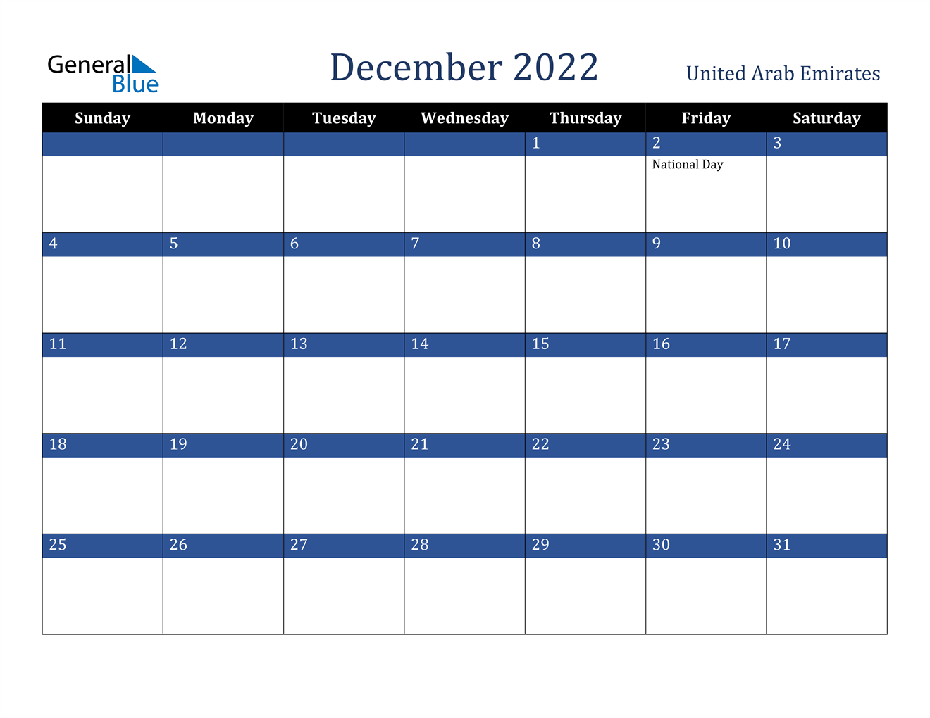 December 2022 Calendar - United Arab Emirates