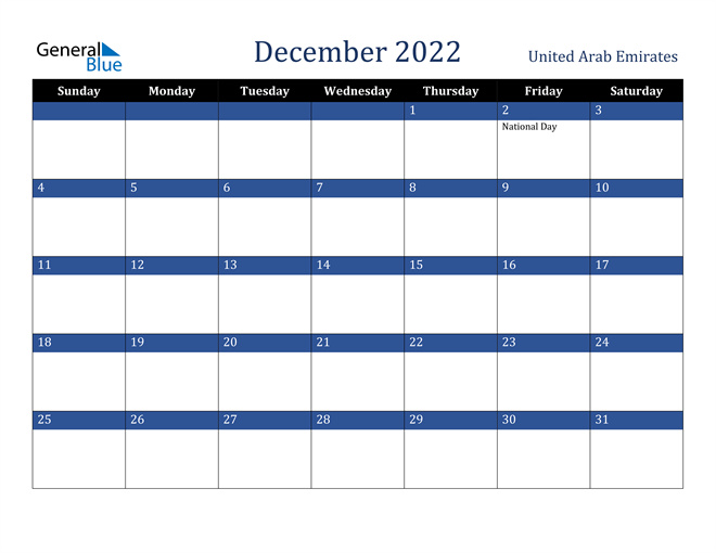 December 2022 United Arab Emirates Calendar