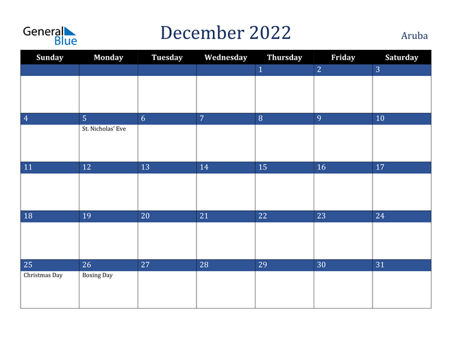 December 2022 Aruba Calendar