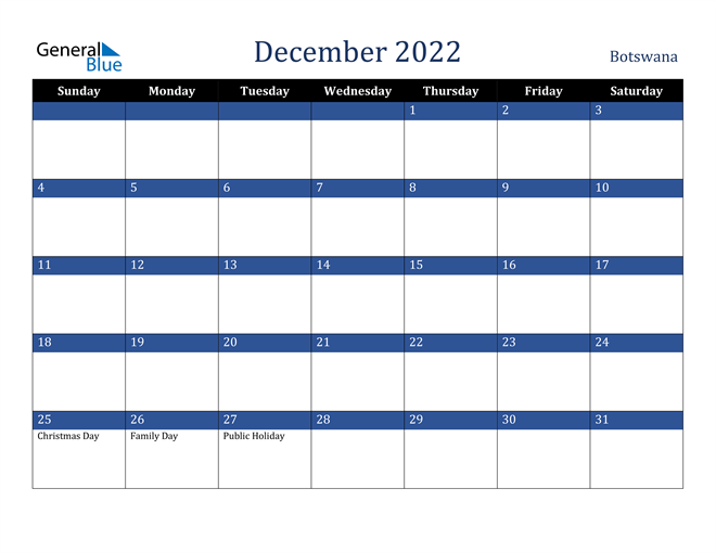 December 2022 Botswana Calendar