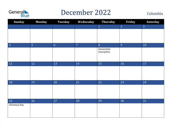 December 2022 Colombia Calendar