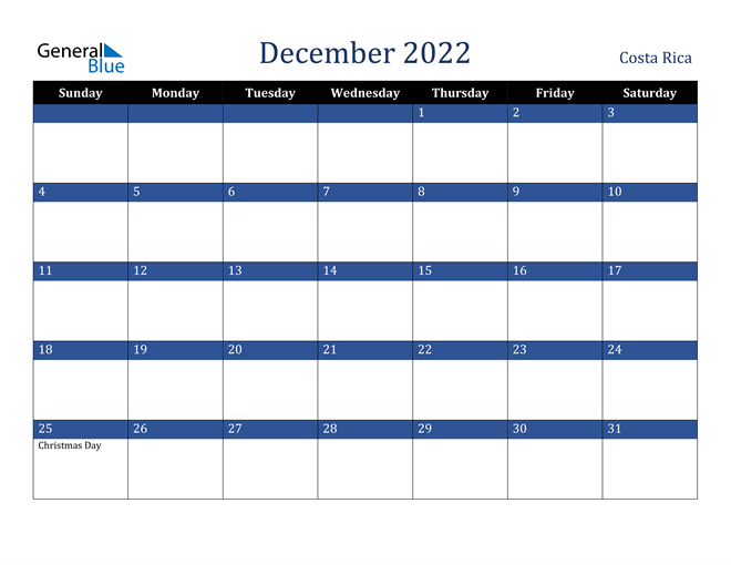 December 2022 Costa Rica Calendar