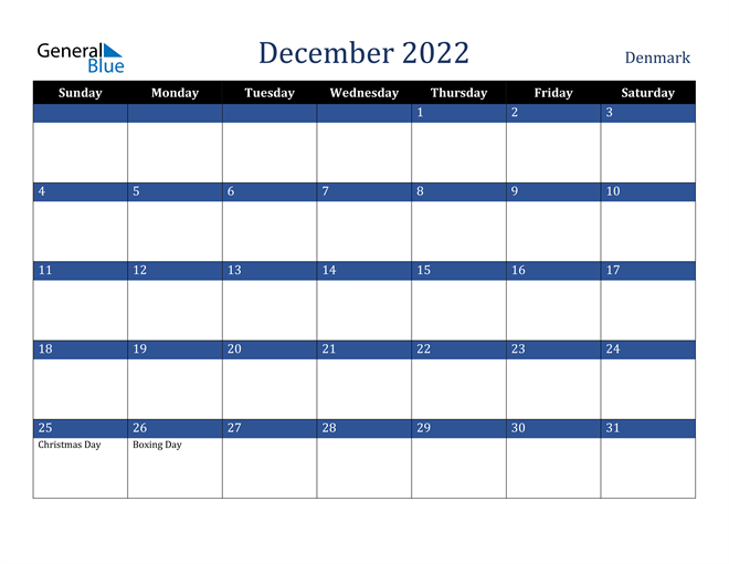 December 2022 Denmark Calendar