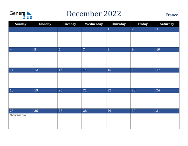 December 2022 France Calendar
